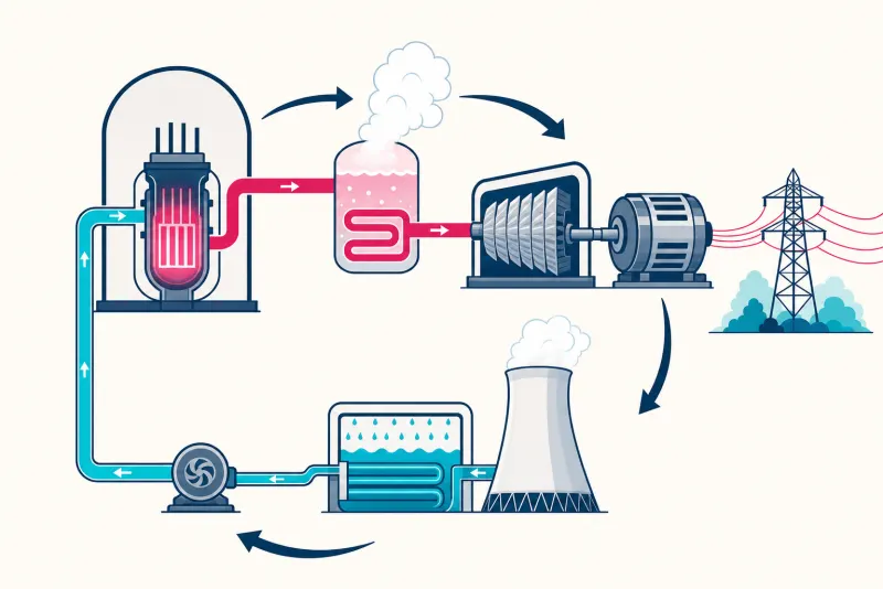 esquema do ciclo de geração de energia numa usina nuclear, do calor da fissão até a eletricidade, como eu mostro na aula
