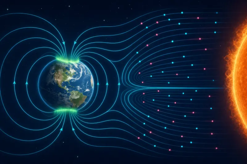 explico a magnetosfera da Terra desviando o vento solar e formando a aurora boreal perto dos polos